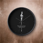 Treblemaker Funny Music Pun Classy Black G-Clef Clock<br><div class="desc">Funny and punny in classy black and white, this clock is both stylish and witty with its music pun and custom options. Fun gift for the professional treblemakers / troublemakers in your life--aka: musicians, music teachers, choir directors, bandleaders and other musical mischiefs. The dripping G-clef is a unique take on...</div>