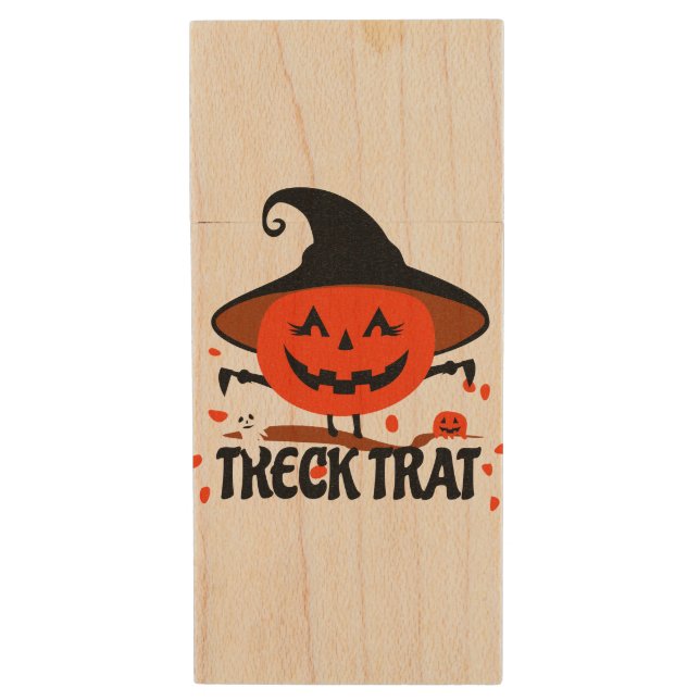 Treck Trat Pumpkin Smiling Wood Flash Drive (Front Vertical)