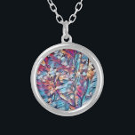 TREE ABSTRACT SILVER PLATED NECKLACE<br><div class="desc">An abstract art design of a small woodland tree in blues,  reds and brown colours.</div>