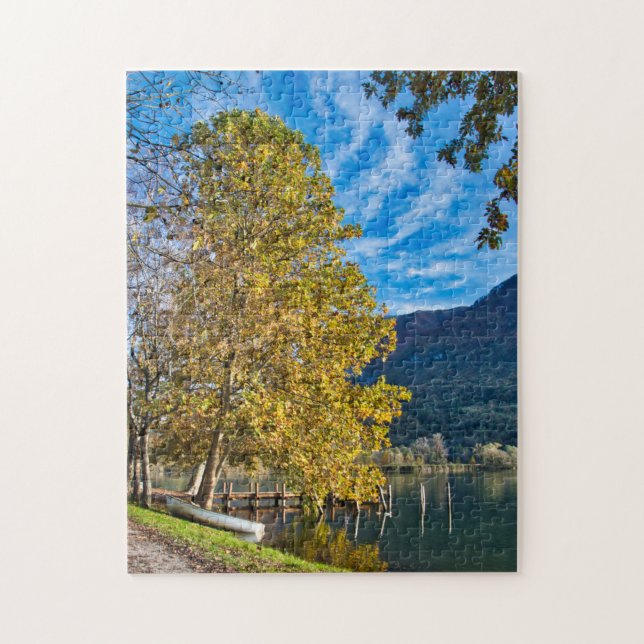 Tree and boat by the lake fall landscape jigsaw puzzle (Vertical)