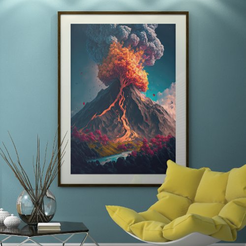 Tree and Erupting Volcano Illustration Poster