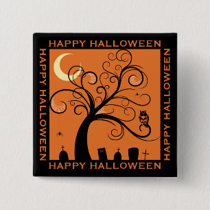 Tree and Graveyard Orange Art Happy Halloween Button