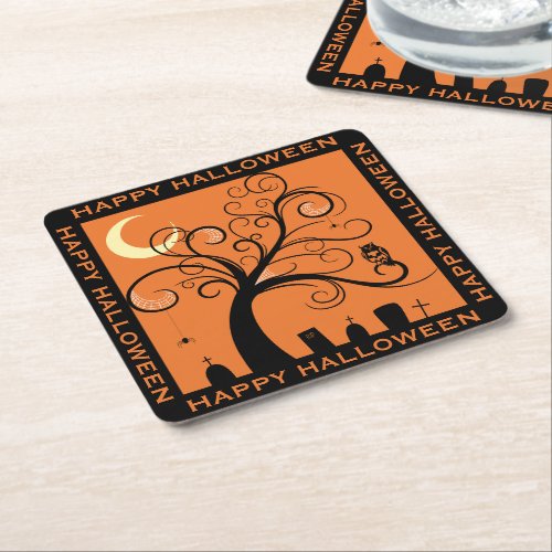 Tree and Graveyard Orange Art Happy Halloween Square Paper Coaster