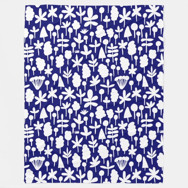 Tree and Leaf shape Pattern 051017 - Wt on dk Blue Fleece Blanket (Front)