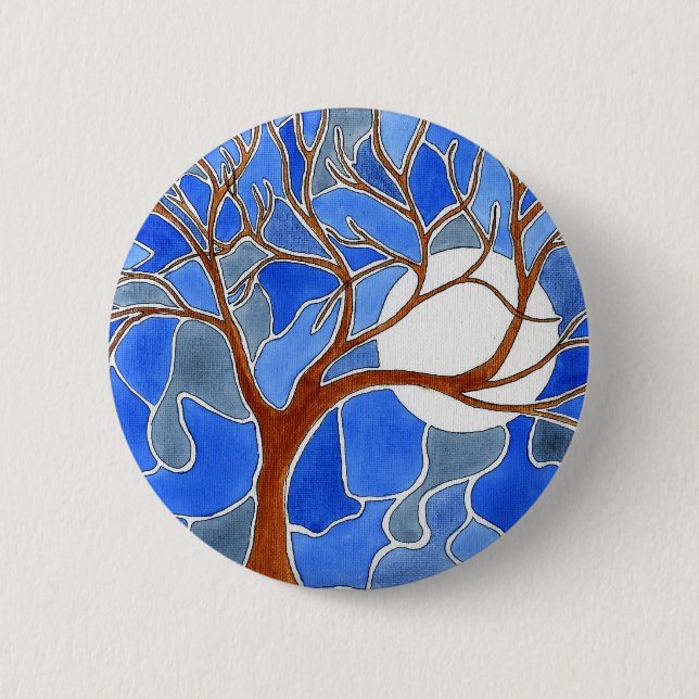 Tree and Moon Art Button- Blue Pinback Button (Front)