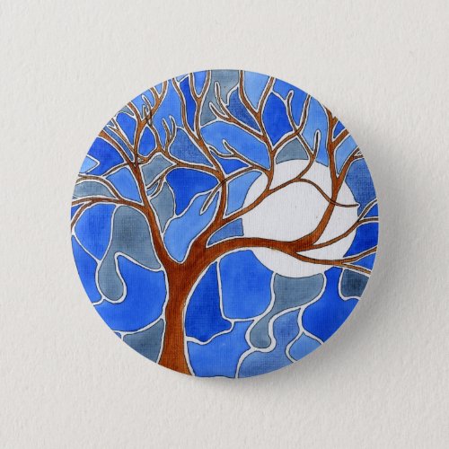 Tree and Moon Art Button- Blue Pinback Button