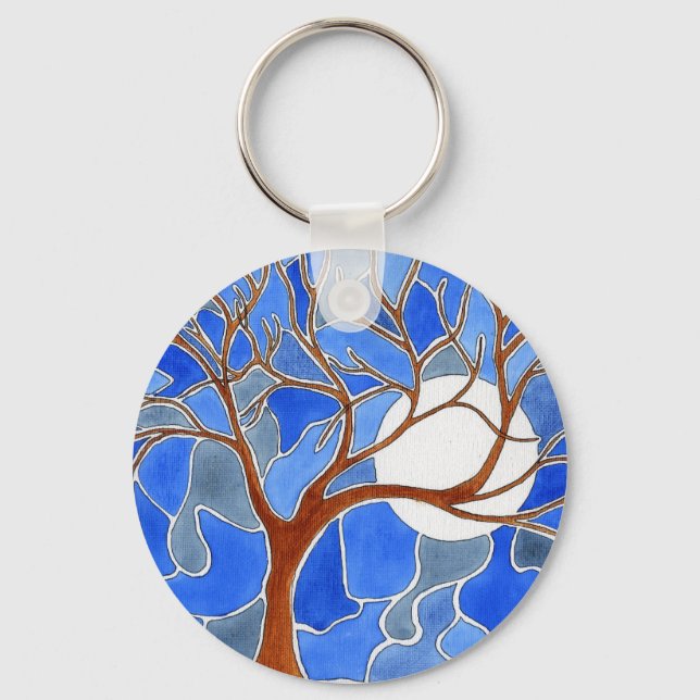Tree and Moon Art Keychain - Blue (Front)