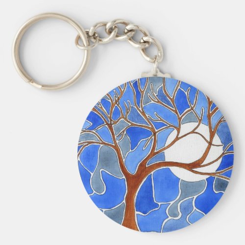 Tree and Moon Art Keychain - Blue