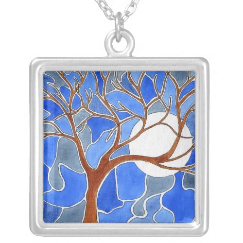 Tree and Moon Art Necklace - Blue