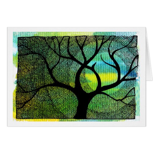 Tree and Moon - Blue and Yellow Watercolors