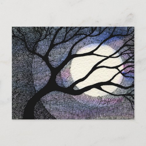 Tree and Moon Cross Hatched Postcard