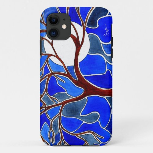 Tree and Moon on Canvas - Blue iPhone 11 Case