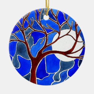 Tree and Moon on Canvas - Blue Ceramic Ornament