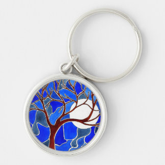 Tree and Moon on Canvas - Blue Keychain
