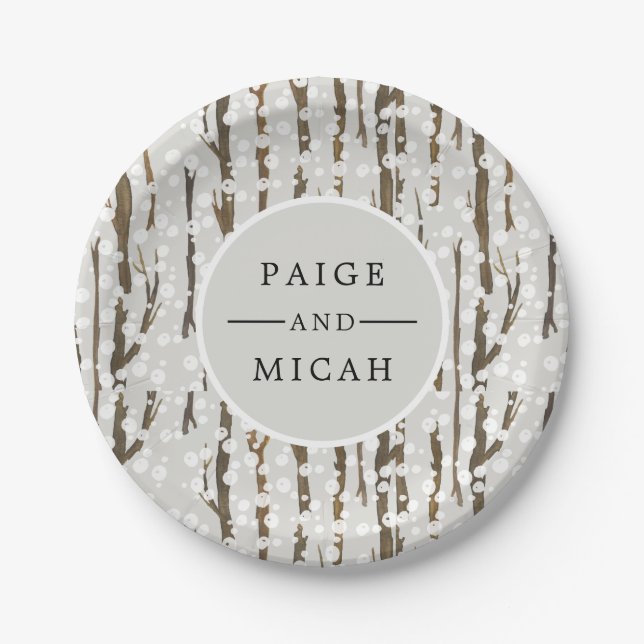 Tree and Snow Winter Engagement Party Paper Plates (Front)
