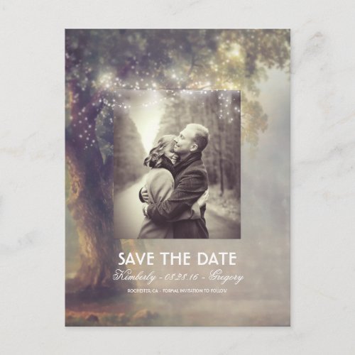 Tree and Srting Lights Rustic Photo Save the Date Announcement Postcard - Rustic oak tree and string lights photo save the date postcards