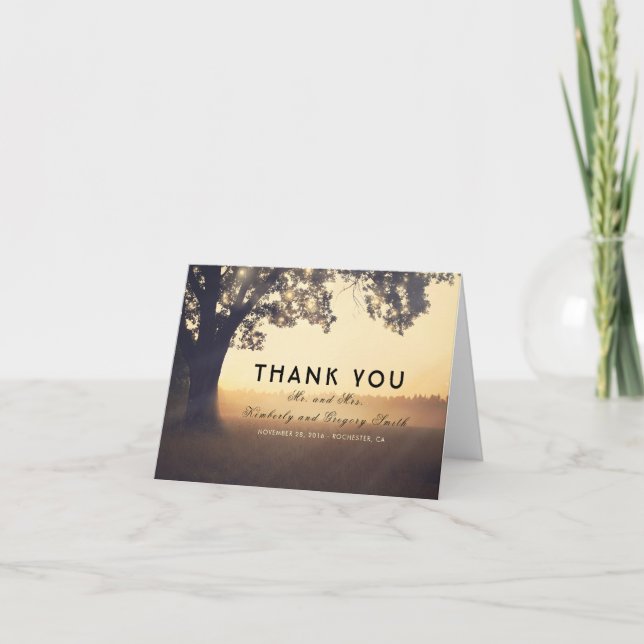 Tree and String Lights Rustic Wedding Thank You Card (Front)