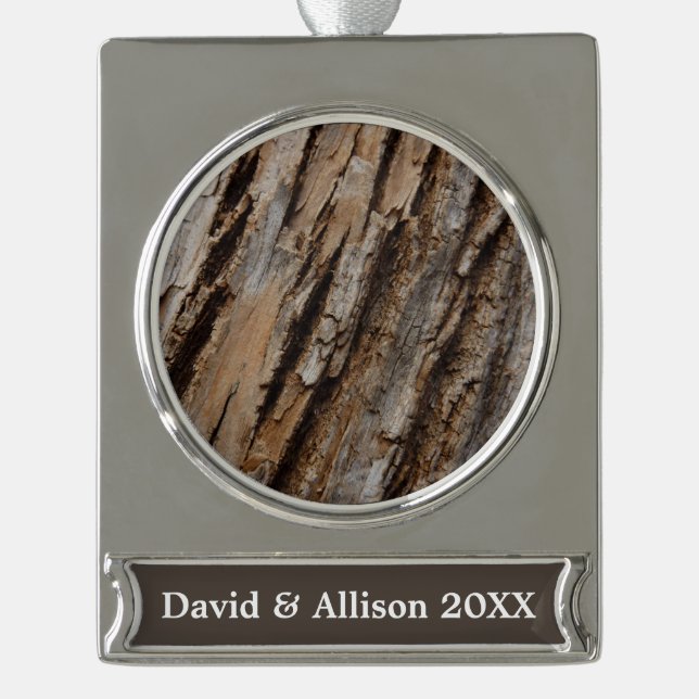 Tree Bark I Natural Abstract Textured Design Silver Plated Banner Ornament (Front)
