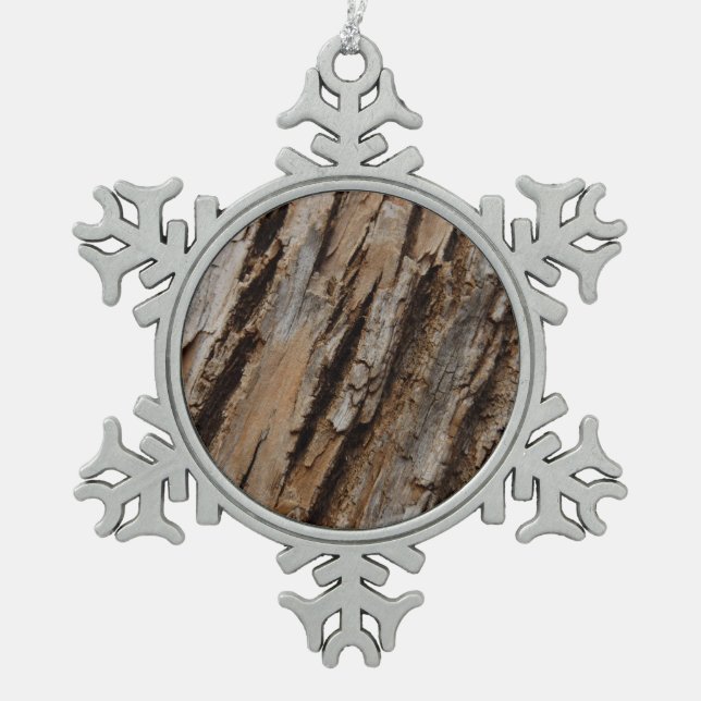 Tree Bark I Natural Abstract Textured Design Snowflake Pewter Christmas Ornament (Front)
