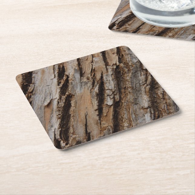 Tree Bark I Natural Abstract Textured Design Square Paper Coaster (Angled)