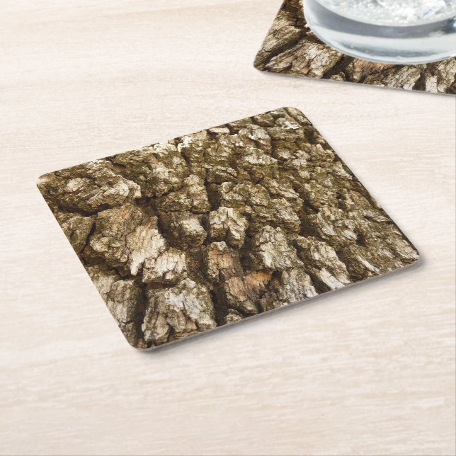 Tree Bark II Natural Textured Design Square Paper Coaster (Angled)