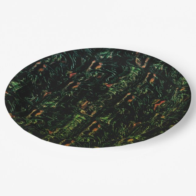 Tree bark under green hammered glass paper plates (Angled)