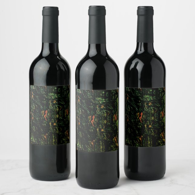 Tree bark under green hammered glass wine label (Bottles)