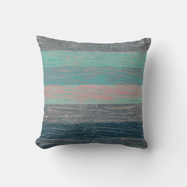 Tree bark wood striped gray turquoise throw pillow (Front)