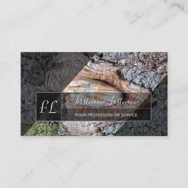 Tree bark wooden surface gray triangle monogram bu business card (Front)