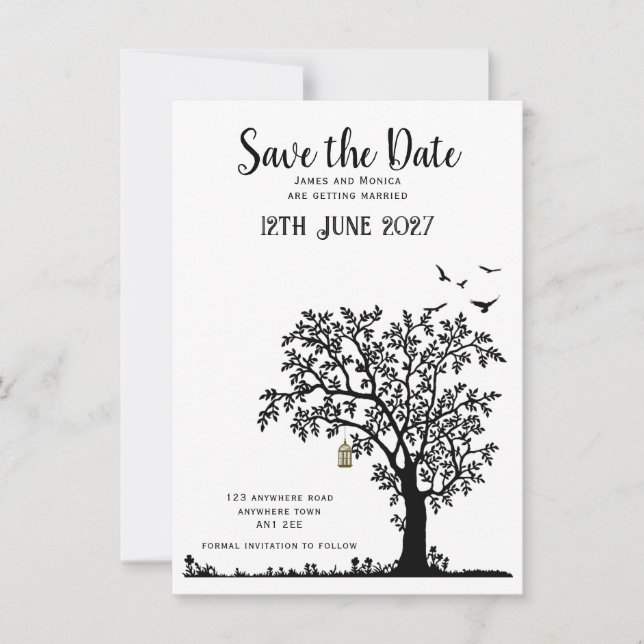Tree/Bird Simple Black and White Save the Date Invitation (Front)