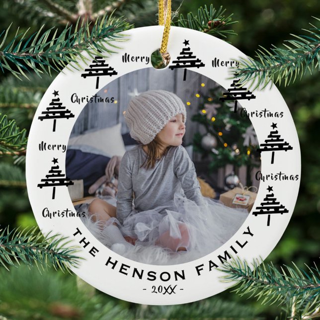 Tree Black & White Merry Family Photo Ceramic Ornament (Creator Uploaded)