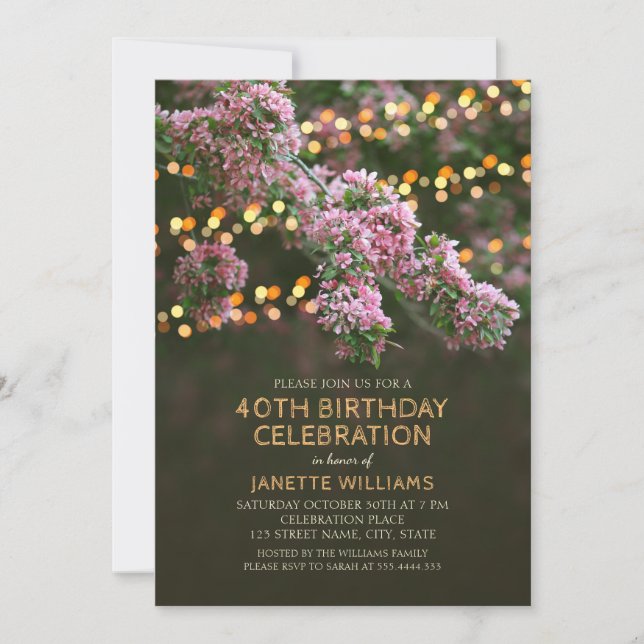 Tree Blossom Lights Rustic Floral 40th Birthday Invitation (Front)
