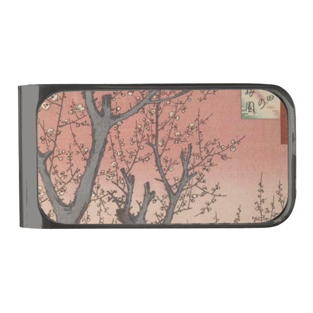 Tree Blossoms Plum Garden Japanese Gunmetal Finish Money Clip (Front)