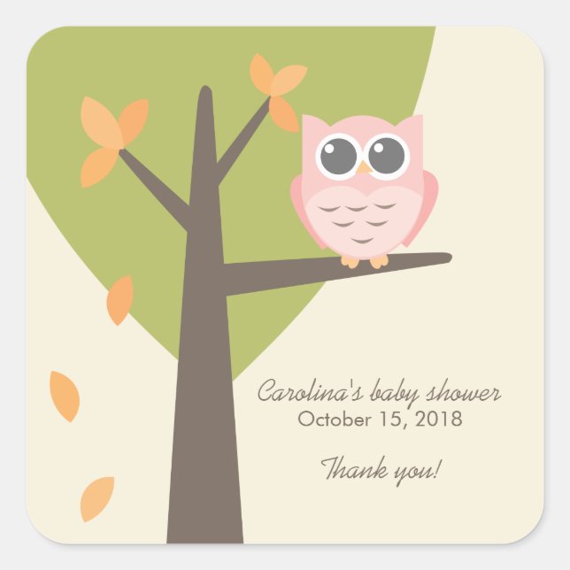 Tree Branch Pink Owl Autumn Baby Shower Thank You Square Sticker (Front)