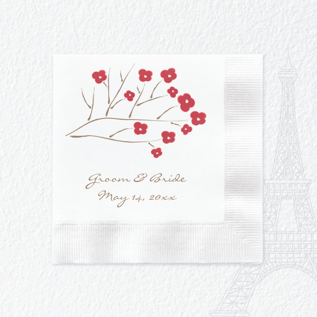Tree Branch Red Cherry Blossoms Wedding Paper Napkins (Creator Uploaded)