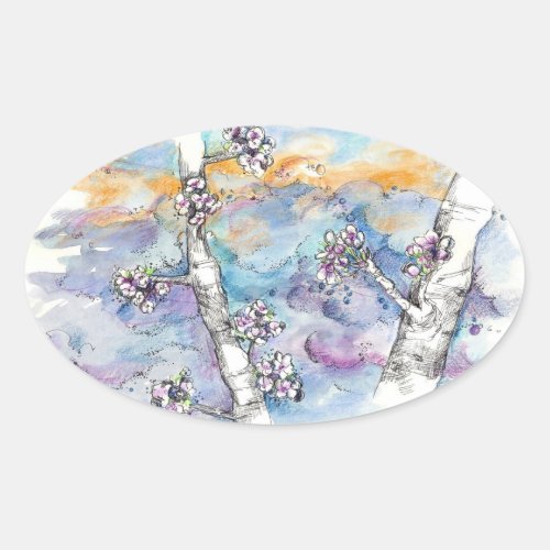 Tree Branch Sunset Storm Clouds Drawing Oval Sticker