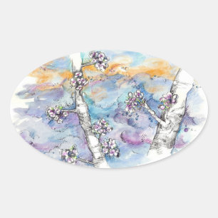 Tree Branch Sunset Storm Clouds Drawing Oval Sticker