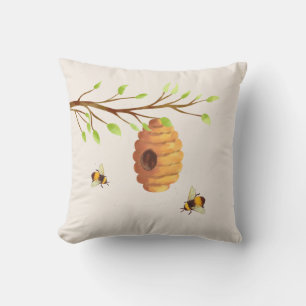 Tree branch with Honey Bees and Bee Hive Throw Pillow