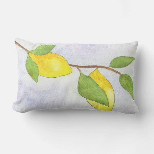 Tree Branch with Lemons and Leaves in Watercolor Lumbar Pillow