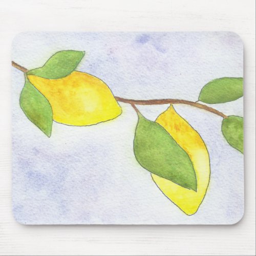 Tree Branch with Lemons and Leaves in Watercolor Mouse Pad
