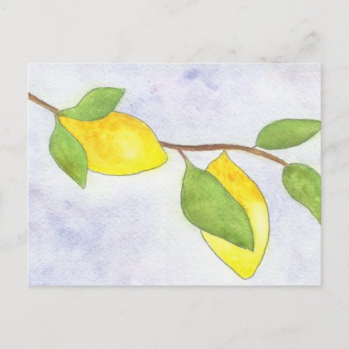 Tree Branch with Lemons and Leaves in Watercolor Postcard