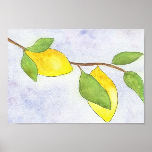 Tree Branch with Lemons and Leaves in Watercolor Poster