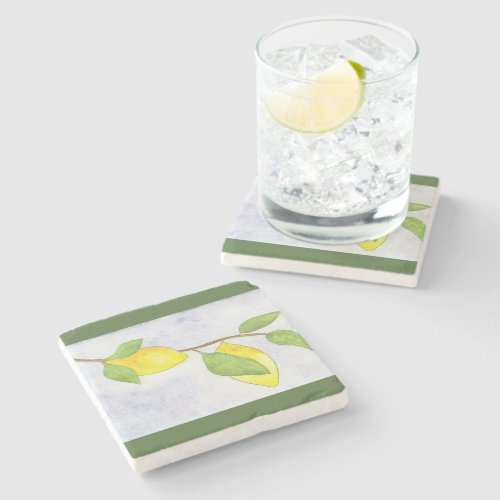 Tree Branch with Lemons and Leaves in Watercolor Stone Coaster