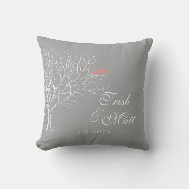 Tree Branched Gray Coral Birds Wedding Pillow (Front)