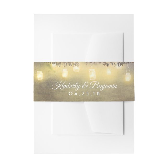 Tree Branches and Mason Jar Lights Wedding Invitation Belly Band (Front Example)