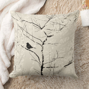 Tree Branches and Mocking Bird Taupe Cream Black Throw Pillow