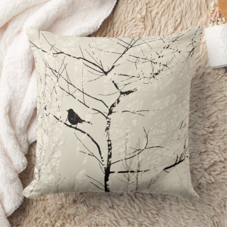 Tree Branches And Mocking Bird Taupe Cream Black Throw Pillow