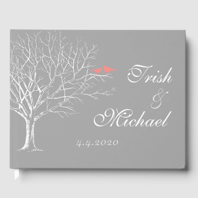 Tree Branches Gray Coral Birds Wedding Guestbook (Front)
