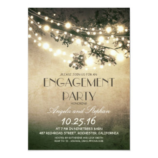 tree branches & string lights engagement party card