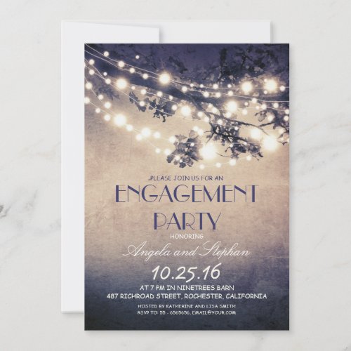 tree branches  string lights engagement party invitation